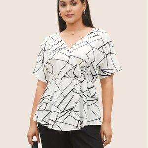 BloomChic Plus Size XL Geometric Overlap Collar Ruffle Sleeve Blouse us14-16